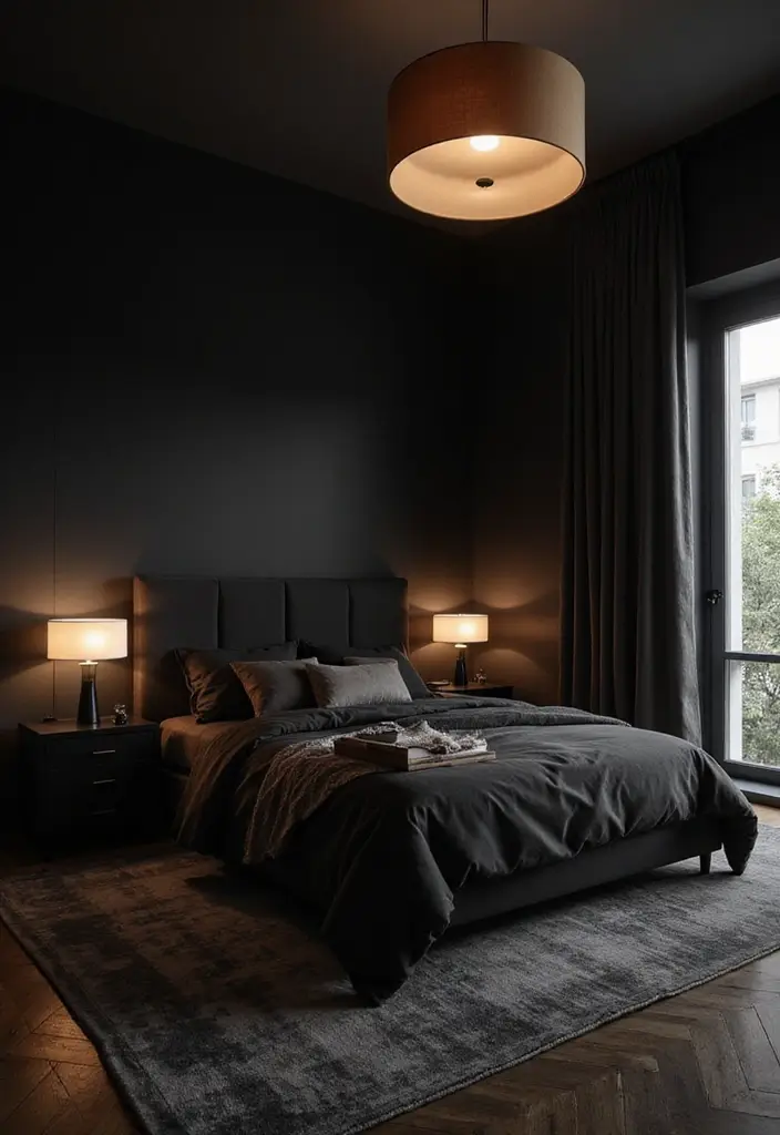 25 Black Bedroom Ideas That Are Bold and Elegant - 19. Layered Lighting