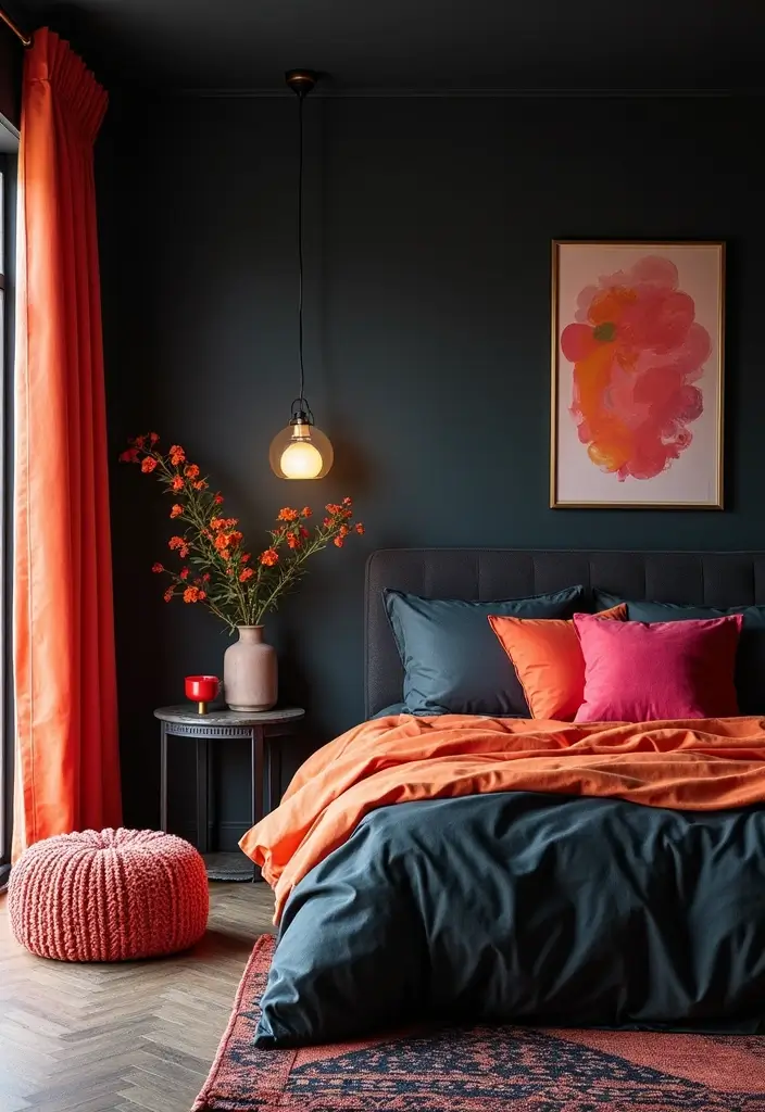 25 Black Bedroom Ideas That Are Bold and Elegant - 23. Vibrant Pops of Color