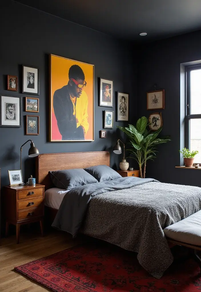 25 Black Bedroom Ideas That Are Bold and Elegant - 7. Artistic Flair