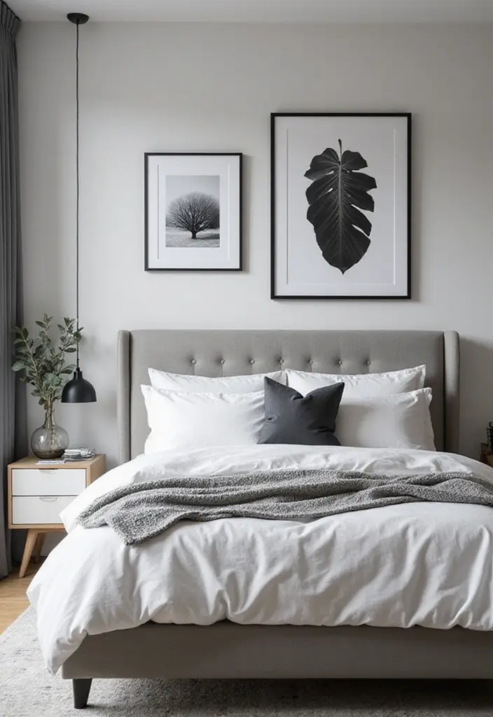 27 Black and Grey Bedroom Ideas That Balance Drama and Comfort - 13. Artistic Black and Grey Prints