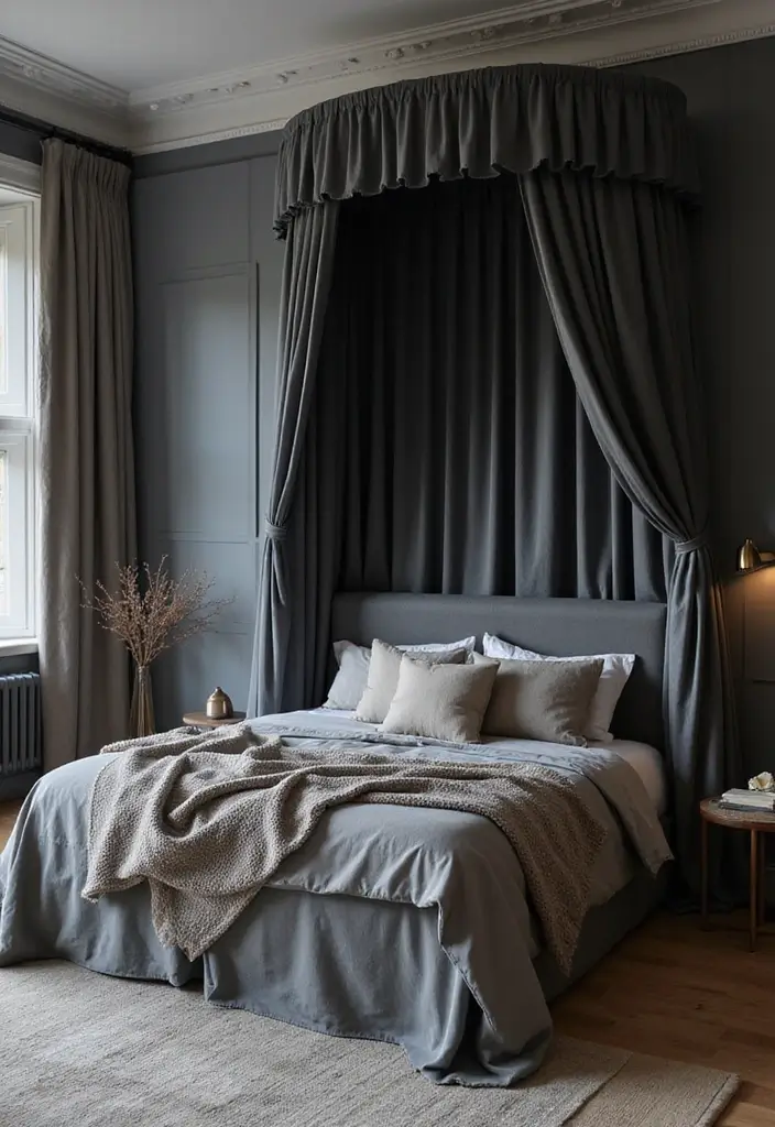 27 Black and Grey Bedroom Ideas That Balance Drama and Comfort - 15. Grey Canopy Bed with Dark Drapery