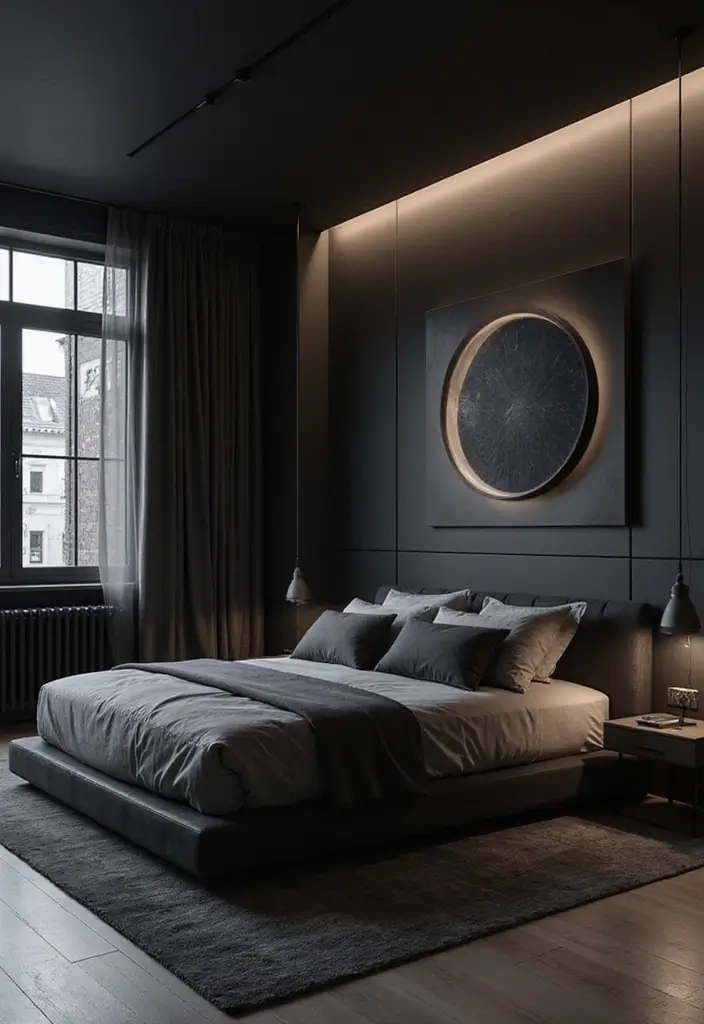 27 Black and Grey Bedroom Ideas That Balance Drama and Comfort - 18. Futuristic Black and Grey Tech Accents