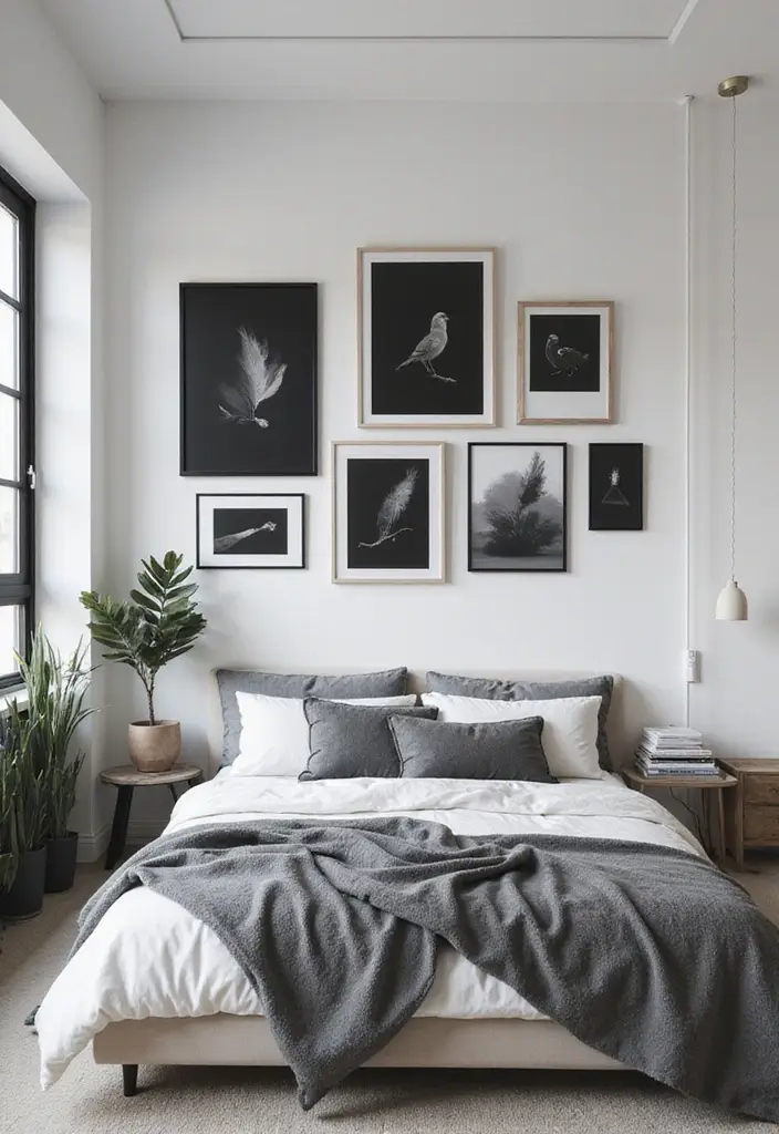 27 Black and Grey Bedroom Ideas That Balance Drama and Comfort - 21. Layered Black and Grey Artwork
