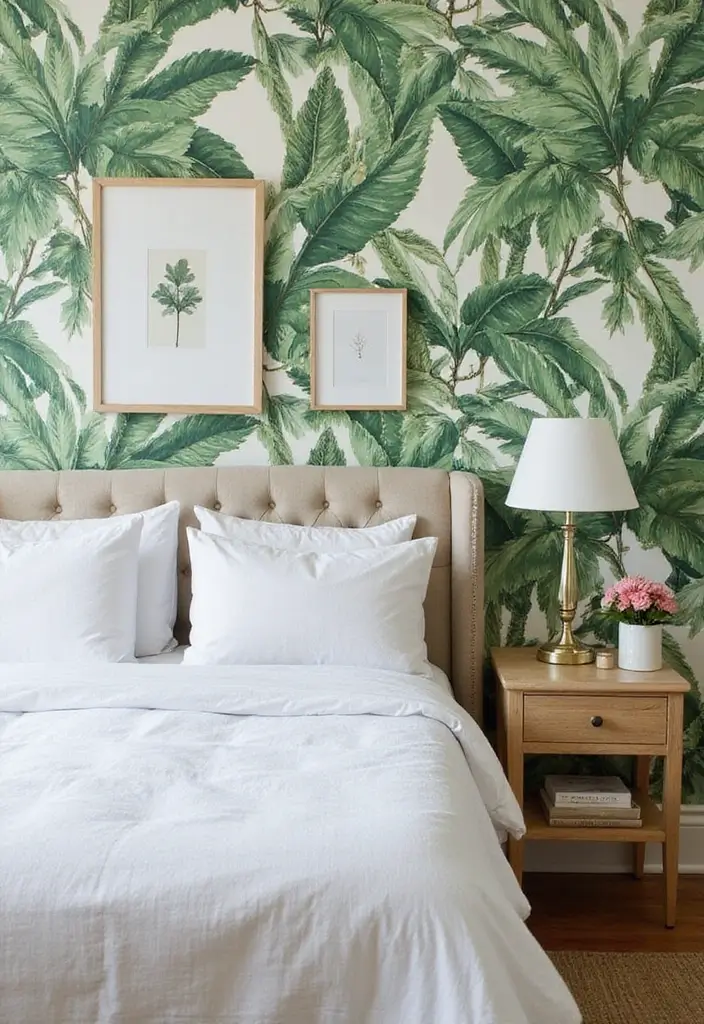 27 Green Bedroom Ideas That Feel Fresh and Calming 10 27 Green Bedroom Ideas That Feel Fresh and Calming - 10. Botanical Wallpaper