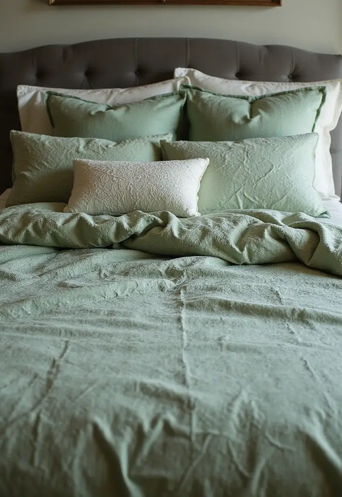 27 Green Bedroom Ideas That Feel Fresh and Calming 18 27 Green Bedroom Ideas That Feel Fresh and Calming - 18. Green Bedding Patterns