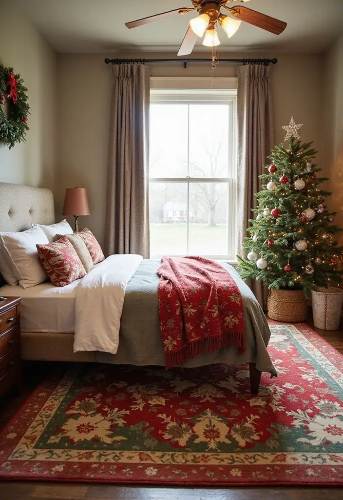 30+ Christmas Bedroom Decor Ideas That Create Holiday Magic - 13. Holiday-Themed Area Rugs