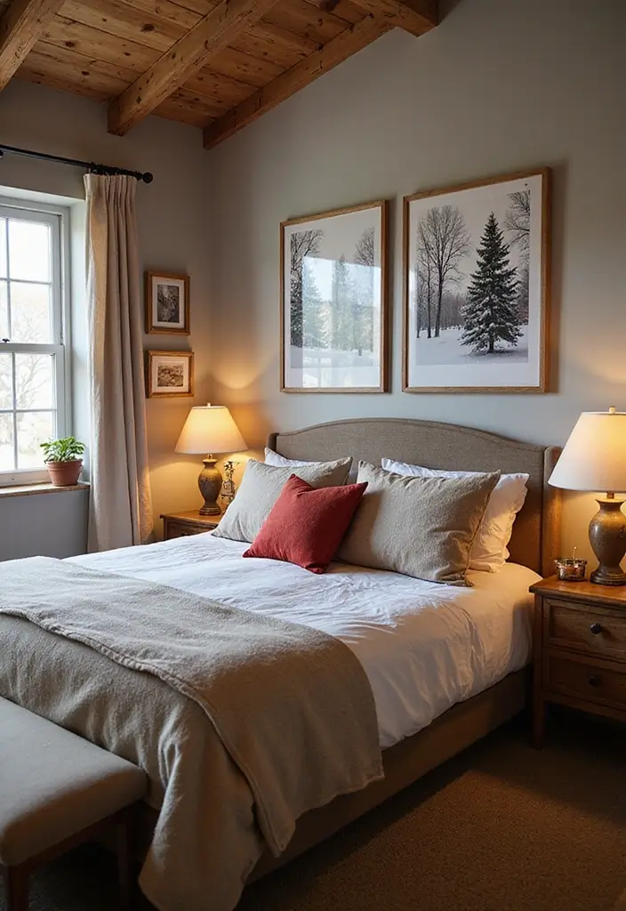 30+ Christmas Bedroom Decor Ideas That Create Holiday Magic - 27. Seasonal Framed Prints