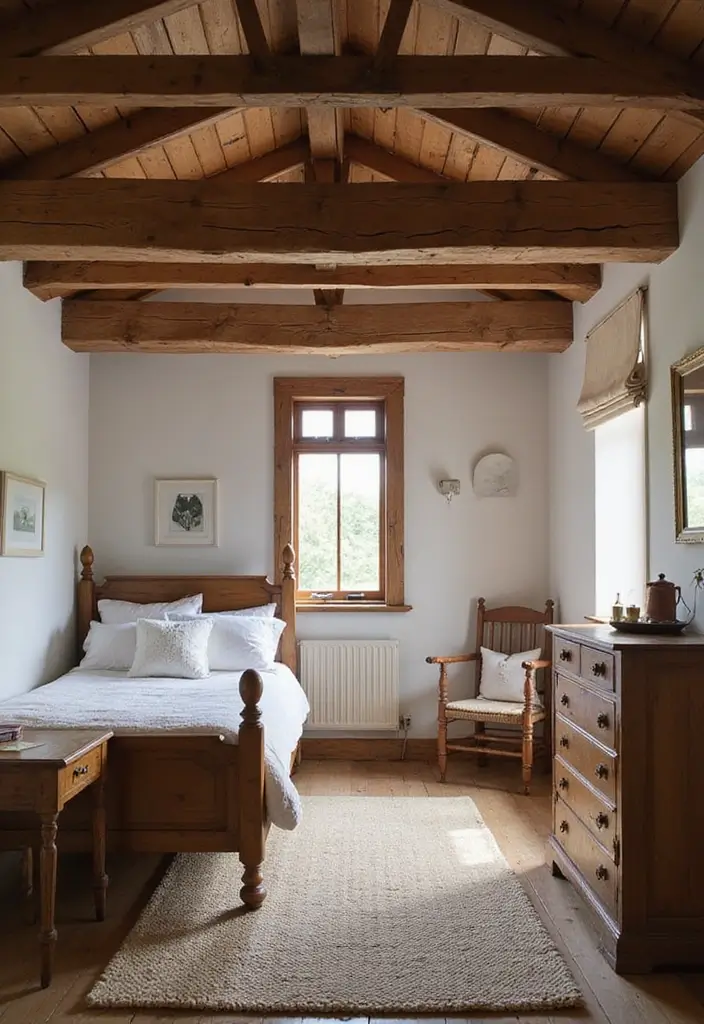 30 Cottage Bedroom Ideas Full of Cozy and Rustic Charm - 2. Exposed Beams and Rustic Furniture