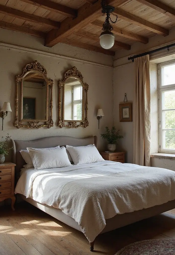 30 Farmhouse Bedroom Ideas for Rustic and Timeless Comfort - 16. Antique Mirrors for Elegance