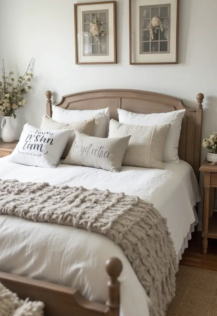 30 Farmhouse Bedroom Ideas for Rustic and Timeless Comfort - 17. Personalized Throw Pillows