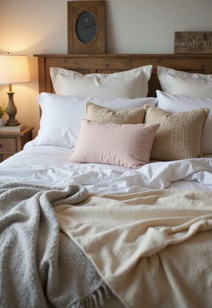 30 Farmhouse Bedroom Ideas for Rustic and Timeless Comfort - 2. Cozy Farmhouse Style Bedding