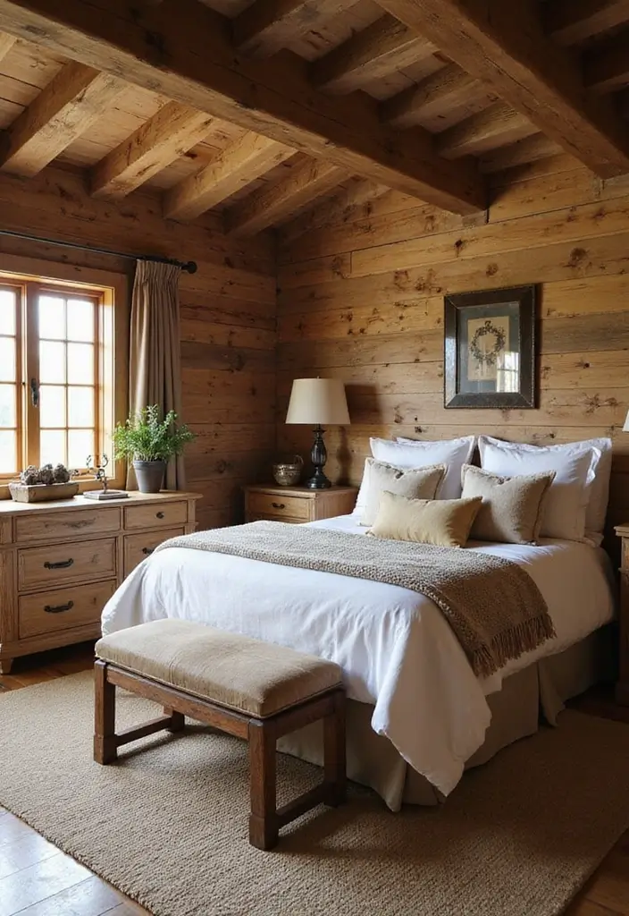 30 Farmhouse Bedroom Ideas for Rustic and Timeless Comfort - 20. Rustic Wood Accents