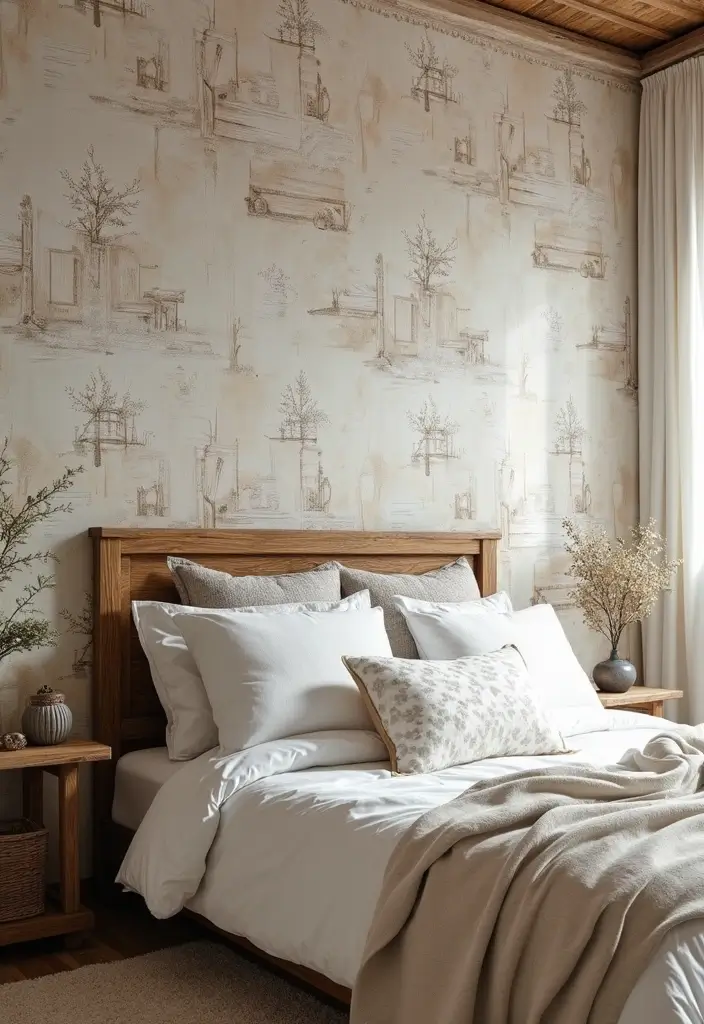 30 Farmhouse Bedroom Ideas for Rustic and Timeless Comfort - 23. Farmhouse-Inspired Wallpaper