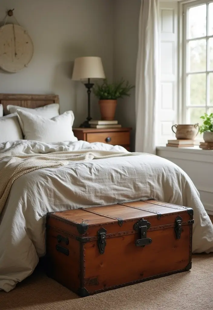 30 Farmhouse Bedroom Ideas for Rustic and Timeless Comfort - 9. Utilizing Vintage Trunks